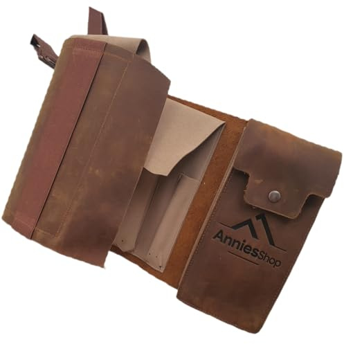 AnniesShop Deluxe Leder Stifterolle - Große Federmäppchen Kapazität, Buchgurt & Reißverschlussetui - Für Stifte, Pinsel & mehr - Nachhaltiges Vollrindleder, Braun - Kein Platz für Prokrastination