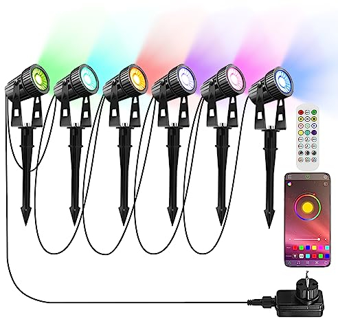 6 éclairage de jardin LED RGBW avec Timer Télécommande APP Dimmable projecteur de jardin blanc chaud COB avec piquet Spots LED Jardin Extérieur, 12V 20W IP65 étanche Lumière Extérieur Projecteur