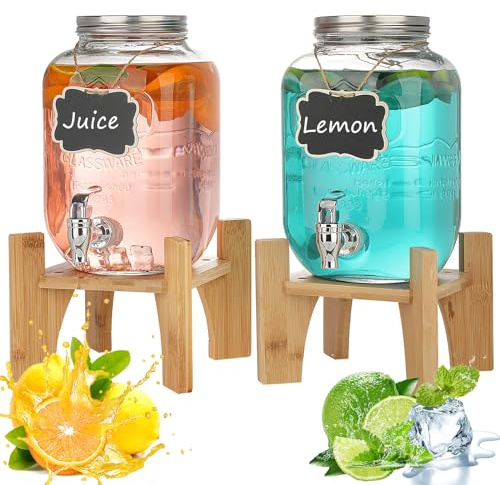 Hiziwimi 2Pcs 4L Distributeur de boissons en verre avec robinet, distributeur d'eau avec support en bambou, pour jus de fruits glacés, eau et thé faits maison