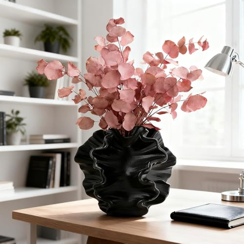 Vase en Céramique, SUKIYPO Vases Moderne pour Décoration Nordique Vase à Fleurs Bohème Esthétique pour la Maison, Le Salon, Le Bureau, la Ferme, la Table Basse, Noir