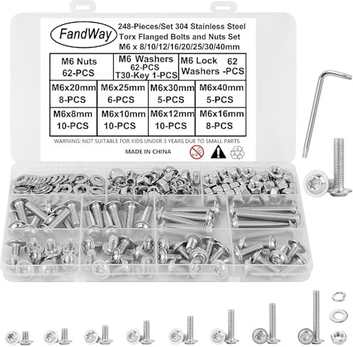 FandWay M6 Torx Bolts and Nuts Set,Flanged Button Head Machine Screws,304 Stainless Steel Torx Screws Washer Head,248Pcs Nut Bolt and Flat & Lock Washers Assortment Kit,Fully Threaded With T30 Wrench.