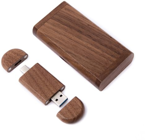 MEMORABBIT Ovaler Holz-Stick in Box, 4–256 GB, USB 2.0–3.0, USB-C 3.1/3.2, graviertes Logo/Text USB Flash Drive Memory Wood Walnuß/Ahorn Holz (1 Stück Walnuss, 32 GB 2.0 + USB-C 3.2)