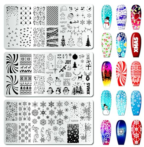 arriettycraft Lot de 3 plaques de stamping pour ongles de Noël – Flocons de neige, bonhomme de neige, renne, feuilles de houx, pingouins, outils d'art de manucure en acier inoxydable pour impression