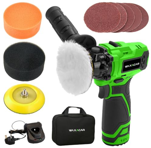 Waxacar Mini kit lucidatrice per auto senza fili con 2 impostazioni di velocità, 12 V alimentato a batteria buffer set di dettagli, include schiuma piatta, carta vetrata e cuscinetti in pelliccia