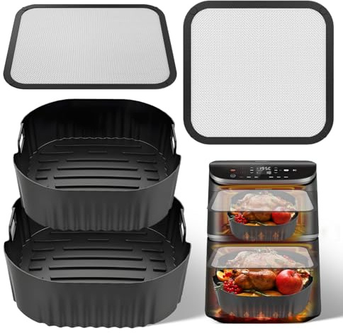 4-delad luftfryer tillbehör för Cosori Turbo Tower Pro/Smart 10,8 L med 2 silikonbakformar (6,5/4,3 l) och 2 magnetiskt stänkskydd av rostfritt stål non-stick och lätt att rengöra svart