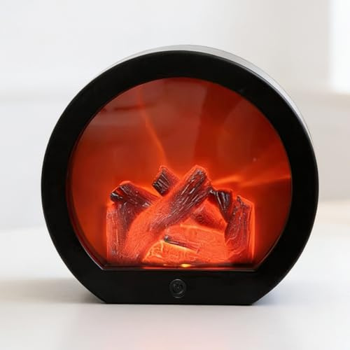 Cheminée électrique à LED, sans chauffage, avec effet flamme, USB et piles, commande tactile, simulation de feu de table, ornement à la maison (noir, rond)