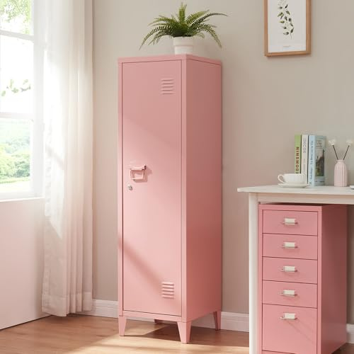 [en.casa] Armadio da Ufficio con Anta e Serratura Mobile in Acciaio per Archivio con 3 Scomparti Armadio da Spogliatoio 137 x 38 x 38 cm Rosa