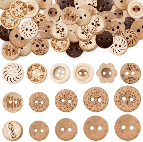 YiiHHooN 160 Botones de Coco, 5 Tamaños Botones de Madera Vintage para Manualidades, Botones de Cáscara de Coco para Coser y Decorar Chaquetas y Suéteres para Scrapbooking DIY