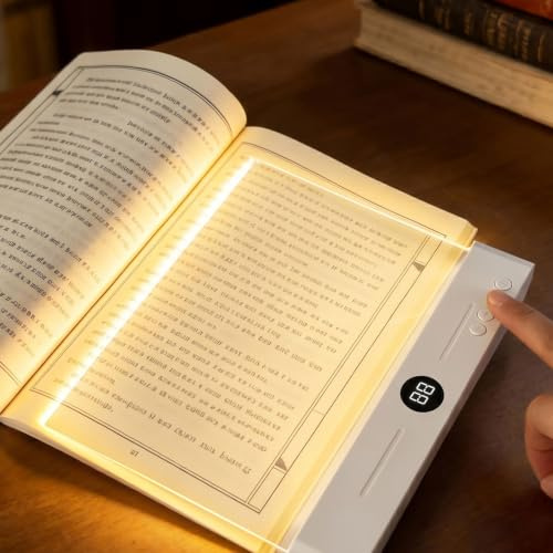 ZaejjaeY Rechargeable Flat LED Book Light for Reading in Bed | Full Page Illumination, 3 Color Modes, Stepless Dimming, Auto Timer and USB-C Charging for Night Reading, for Students