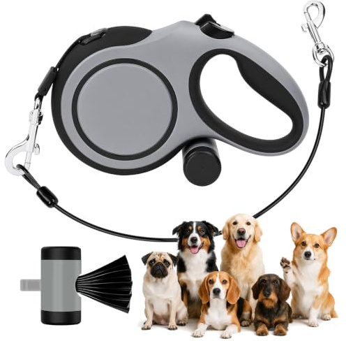 Correa Perro Extensible 8m, Correa Retráctil para Perros Grandes hasta 50kg, con Cuerda Antimordedura Acero, Dispensador Bolsas, Freno Una Mano, Correa Perro Resistente para Paseo