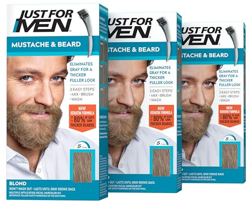 Just For Men Mustache & Beard, Beard Dye for Men with Brush Included, With Keratin Biotin Aloe and Coconut Oil for Healthy Facial Hair - Blond, M-10/15, Pack of 3 (Packaging May Vary)