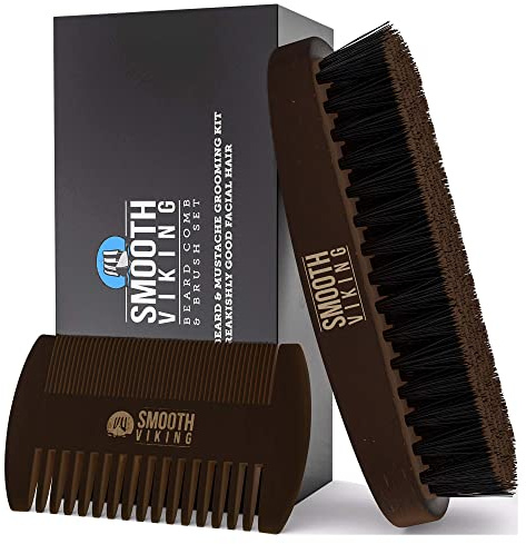 Smooth Viking Beard Brush & Comb Gift Set for Men - Natural Boar Bristle Hair Brush & Wooden Comb, Boar Brush for Facial Hair Styling, Grooming & Beard Shaping Tool, Men Hair Products - Brown