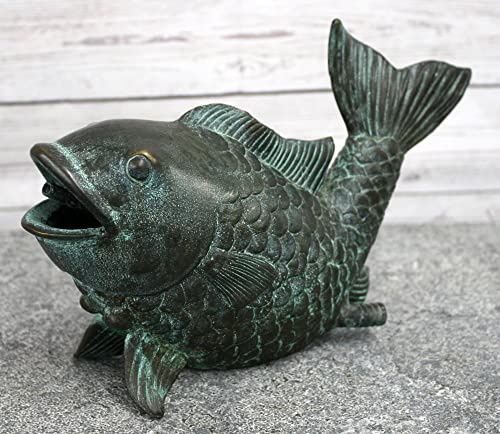 Thermobrass Bronzefigur Kleiner Fisch Wasserspeier Brunnenfigur Gartendekoration grün