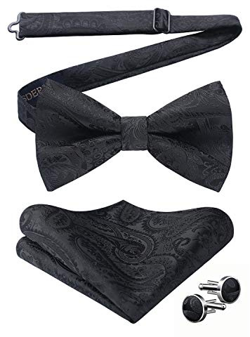HISDERN Black Bow Tie Pre tied Bow Tie and Pocket Square Set with Cufflinks Paisley Bow Ties Silk Mens Bowtie and Handkerchief for Wedding Party