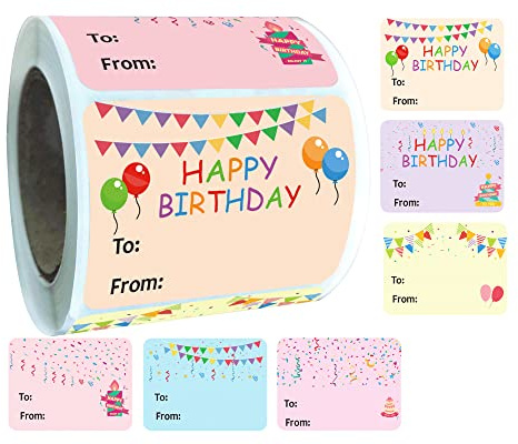 300 Pcs Happy Birthday Gift Tags Name Tags Stickers 1.5 x 2 Inch - Rectangle Happy Birthday to from Gift Labels for Birthdays Party Favors,Shower,Christmas Festival Holiday Presents 6 Designs