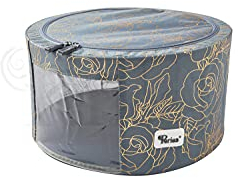 Periea 'Abby' Round Home Storage Boxes with Zip Lids, Front Window & Folding Steel Frame (Metallic Floral, Medium)