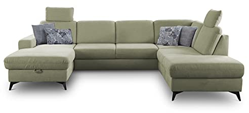 CAVADORE Wohnlandschaft Lotta / Skandinavische Federkern U-Form mit 2 Kopfstützen, Schlaffunktion + Bettkasten / leichte Fleckentfernung dank Soft Clean / 303 x 88 x 212 / Grün
