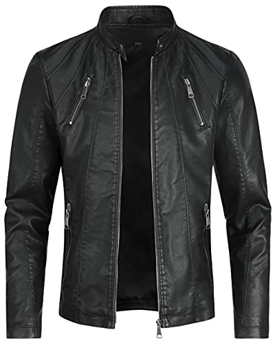 Sliktaa - Chaqueta de piel sintética ecológica de invierno con un cuello alto, de entretiempo, tipo motero, piloto, cremallera, informal, cuero, fresco, clásico, Negro A, L