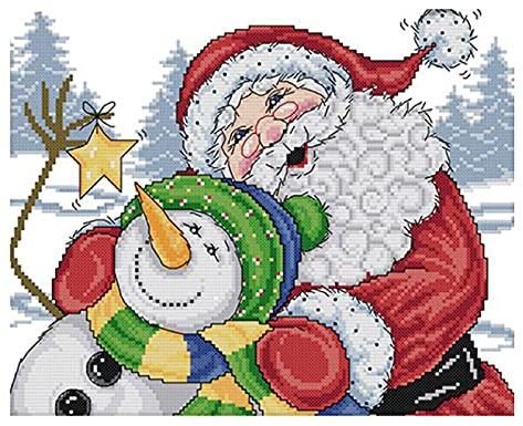 Cukol Kit Punto de Cruz Esquemas Papá Noel & Monigote de Nieve, Cuadros Punto de Cruz Kit Completo Contado Patrones con Impresa Hilos y Tela para Principiantes Hacer, Set Kits Bordado a Mano Navidad