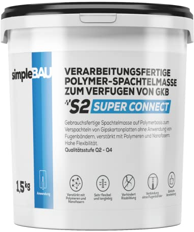 simpleBAU Spachtelmasse Weiß Innen 1,5kg– Polymerbasierte Fertigspachtel für Gipskartonplatten ohne Fugendeckstreifen – Gebrauchsfertige Polymer-Spachtelmasse Wand & Decke, Rissfest, Leicht Schleifbar