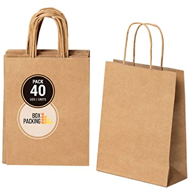 BOXPACKING | Papiertüten mit Henkel | Mitgebsel Tüten | 40 papiertüten Klein (24x18X8 cm) | Kraftpapier Tüten | Papiertüten Braun | Gift Bag