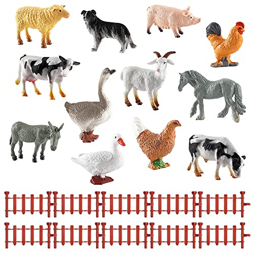 DOUSELLA 22 Stück Bauernhof Tiere Spielzeug Set - Mini Tierfiguren, Realistische Kunststoff Miniatur Scheunentiere Mit Zaun - Modell für Deko