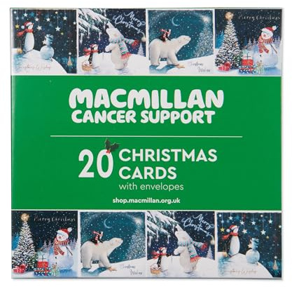 Macmillan Winter Scenes Charity Christmas Cards – Pack of 20 Luxury and Eco-Friendly Christmas Cards. Boxed Multipack of 4 Seasonal Christmas Designs. 127x127mm Card Size.