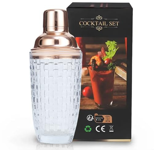 UXIYI Glass Cocktail Shaker Kit,350Ml Mixer Professional Thickened Drinking Shaker Cocktail,Leakproof Metallic Steel Lid&Strainer,Rose Gold