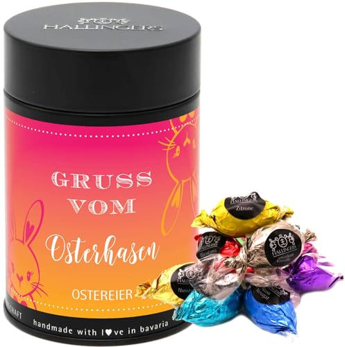 Hallingers Gruß vom Osterhasen - Ostergeschenke für Osterkörbchen zu Ostern, Pralinen Ostereier handgemacht ohne Alkohol (Dose) - Geschenkideen Weihnachten & Geschenke Adventskalender | Glückwunsch Gl