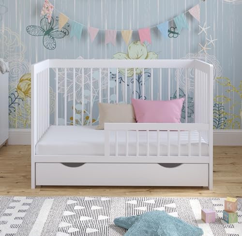 LUCA Baby Cot Bed 120x60cm with Large DRAWER & Premium ALOE VERA Foam Mattress | Included Wooden GUARD BARRIER & Five Adjustable Mattress Heights (Cot + Drawer + Mattress, White, 120x60cm)