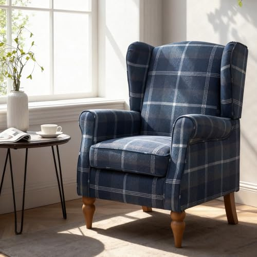 Chusstang Retro Accent Chair, Wingback Tartan Armchair Soft Padded, Retro Check Leisure Chair, Fabric Lounge Padded Sofa Chair for Living Room Bedroom - Blue