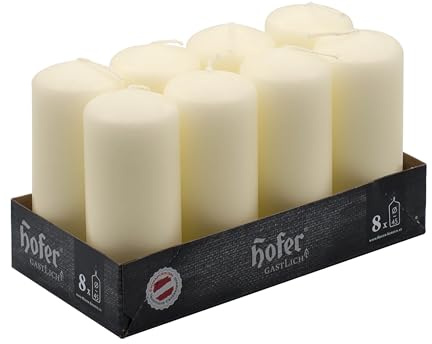 Hofer - Bougies Pilier - Ivoire - Lot de 8-45x110 mm - 20 heures de combustion - Cire non parfumée - sans gouttes - Fabriqué en Autriche