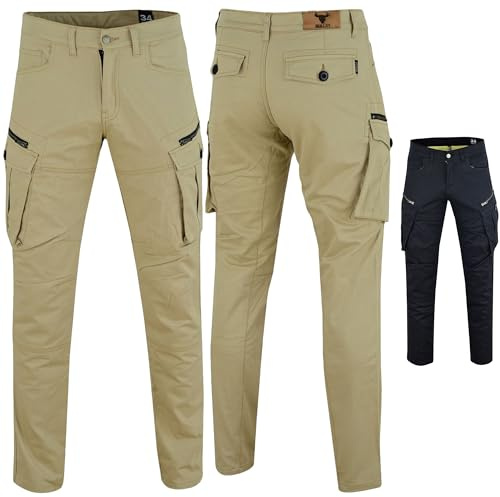 BULLDT Motorradhose Herrren - Motorradjeans 9-Pockets Hosen mit CE-Protektoren - Bikerjeans Futter aus Aramid-Kevlar-Stoff - Cargohose rutsch- & brandfeste Jeanshose Khaki - 32W / 34L
