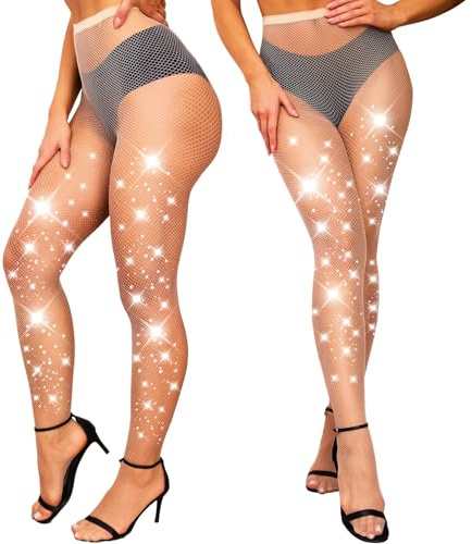 K BKVAVA 2 Pairs Sparkly Fishnet Tights Rhinestone Fishnets for Womens, Small Net, Nude