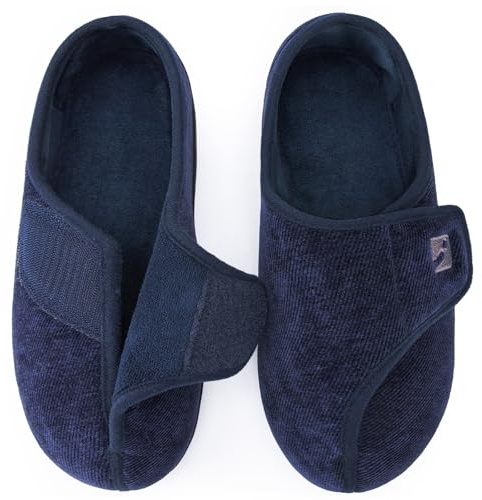 HomeTop Men's Adjustable Chenille Slippers Wide Fit Soft Comfy Non Slip Indoor House Shoes Navy Blue, 9 UK,10 US