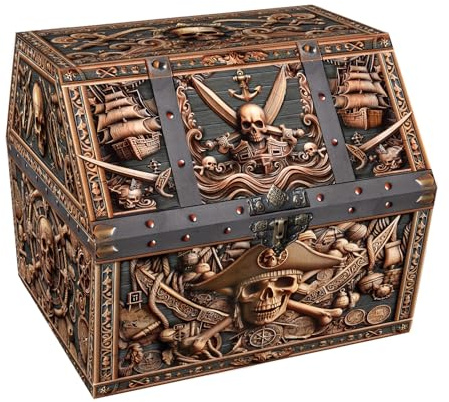 PETCEE Pirate Skull Treasure Box - 9x9.3x8 Large Pirate Treasure Chest for Classroom Chirstmas Treasures Box Rewards Chest Toys and Storage Perfect Classroom Treasures Boxes for Students