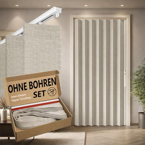 Jilron 100% cortina opaca para puerta – Estilo acordeón plegable con cierre magnético, montaje adhesivo sin necesidad de taladrar, incluye barra adhesiva, oscurecimiento y protección contra el viento