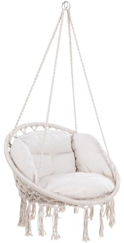 DETEX® Hängesessel Outdoor & Indoor mit Kissen Hängestuhl 150kg Belastbar Boho Stil Wetterfest Schaukelsessel Garten Hängesitz Creme Beige
