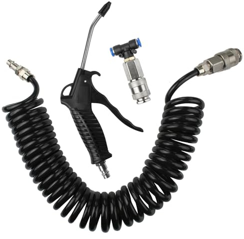 LxsNyvantic Soufflette Air Comprimé Kit Noir Avec Tuyau Spiralé PU 5 M, Buse Inox 150 Mm, Raccord Rapide + Connecteur En T, Soupape D’étanchéité PPS, Pour PC Auto Meubles Nettoyage D’air