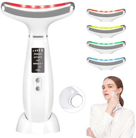 Neck Face Massager, 4 Color LED Facial Massager with Micro-Current Vibration Facial Cold and Hot Service for Wrinkles, Double Chin, Multifunctional Facial Light Therapy Device for Skin Care at Home