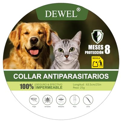 DEWEL Collar Antiparasitario para Perros Grandes y Medianos (62 cm) - 8 Meses de Protección Eficaz contra Pulgas, Garrapatas, Mosquitos y Piojos - Ajustable, Cómodo y Resistente al Agua