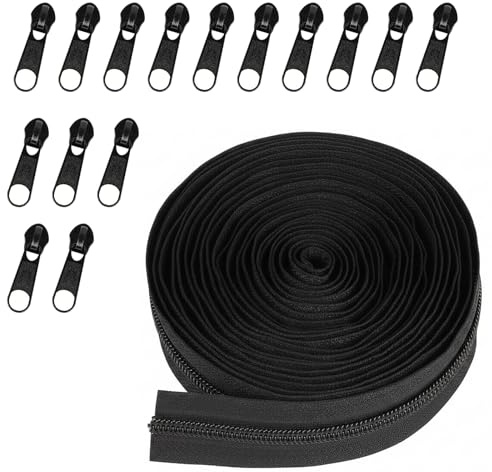 Oändlig dragkedja med dragkedja, 5 m, oändlig dragkedja med 15 metallreglage, vit nylondragkedja, metervara för sängkläder, väska, kläder, väskor (svart)