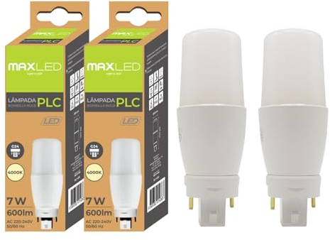 Maxled, Light is Led! Pack de 2 Bombillas LED G24 2-Pin PLC Tubo 7W Blanco Neutro 4000K Equivalente a 52W 600LM Lámpara LED de Alta Eficiencia Apto Para Cocina Dormitorio Comedor No Regulable