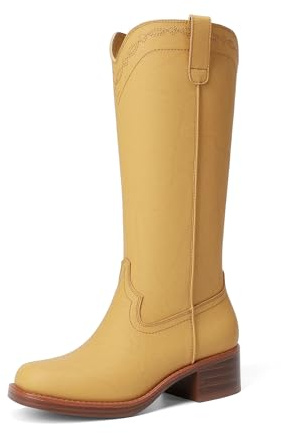 DREAM PAIRS Women's Modern Knee High Boots with Vintage Western Stitching Comfortable and Versatile Tall Boots,Size 7,Yellow,SDKB26015W