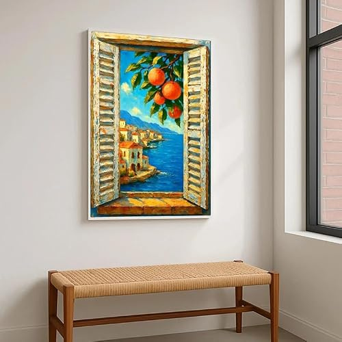 Medelhavsutsikt med fönster, apelsinträd, citron, kust och hav, kanvastavla med tryck för vardagsrumsinredning (40x60cm/utan ram)