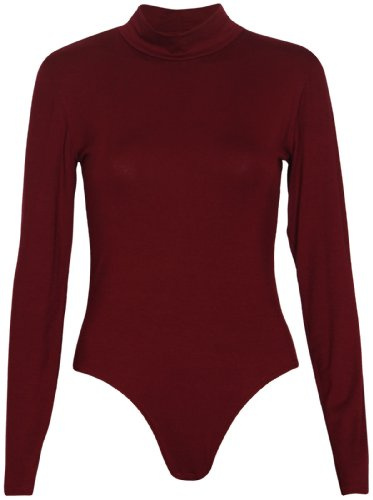 Womens Polo High Turtle Neck Ladies Long Sleeve Stretch Popper Stud Fastening Leotard Bodysuit T-Shirt Top Burgundy Size 8 - 10 (S/M)