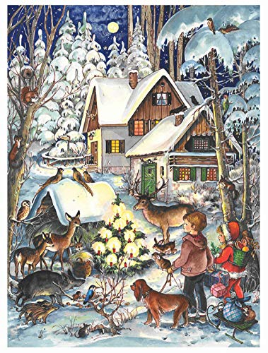 Nostalgischer Adventskalender/Weihnachtskalender für Kinder und Erwachsene mit Bildern und Glimmer Winter bei den Tieren