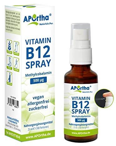 APOrtha® Vitamin B12 Spray B12 I ergiebig mit bis zu 180 Anwendungen I 500 µg Methylcobalamin I B12 vegan I B 12 Vitamin Mundspray mit B12 hochdosiert