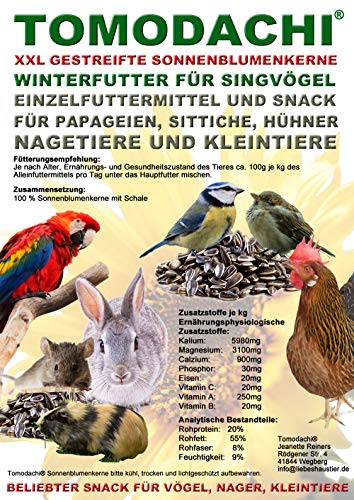 Tomodachi Vogelfutter, Sonnenblumenkerne groß, Papagei, Sittich, Wellensittich, Nymphensittich, Großsittich, Vogeldelikatesse, Vogelsnack, Sonnenblumenkerne mit Schale gestreift XXL, 10kg Sack