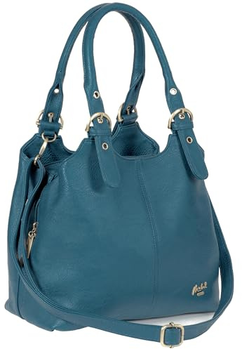 Mabel London Womens Multiple Pockets Handbag - Medium Size Multi Compartments Bag with a Long Shoulder Strap - AMELIA (Stone Blue)